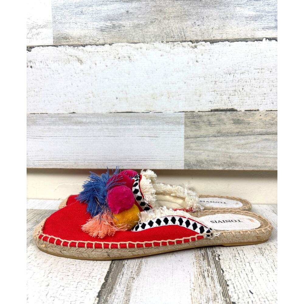 Tonivis Womens 10 Red Blue Tassel Pompom Espadrille Mule Flat Slip On Shoes NEW